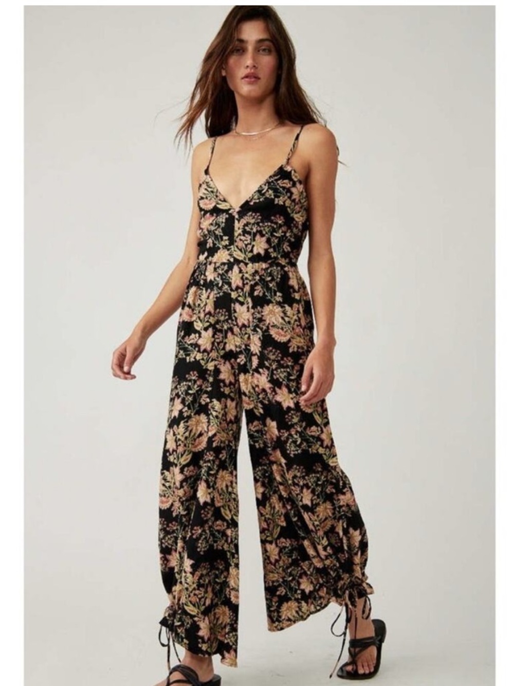 NWT Free People Black Floral Wide-Leg Spaghetti-Strap Jumpsuit